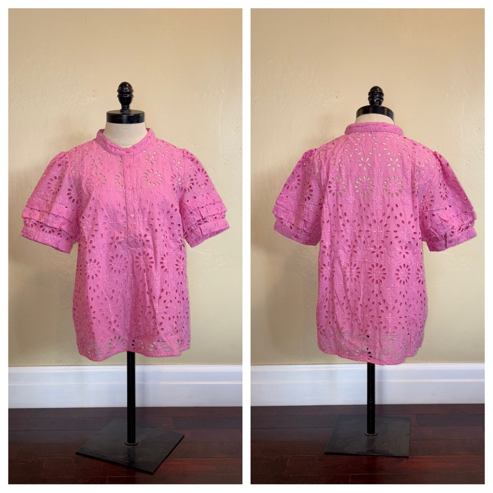 J Crew Puff-Sleeve Popover Top in Eyelet Pink Size Medium - Picture 2 of 14